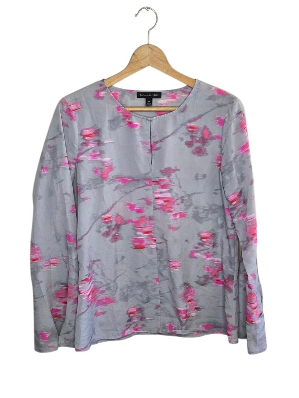 Banana Republic Gray Pink Watercolor Floral Long Sleeve Blouse Size Medium
